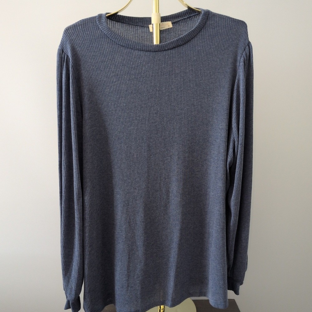 Perfect Peach Ribbed Top Women 3X Blue Puff Sleeve Long Sleeve Casual PPT20533X
